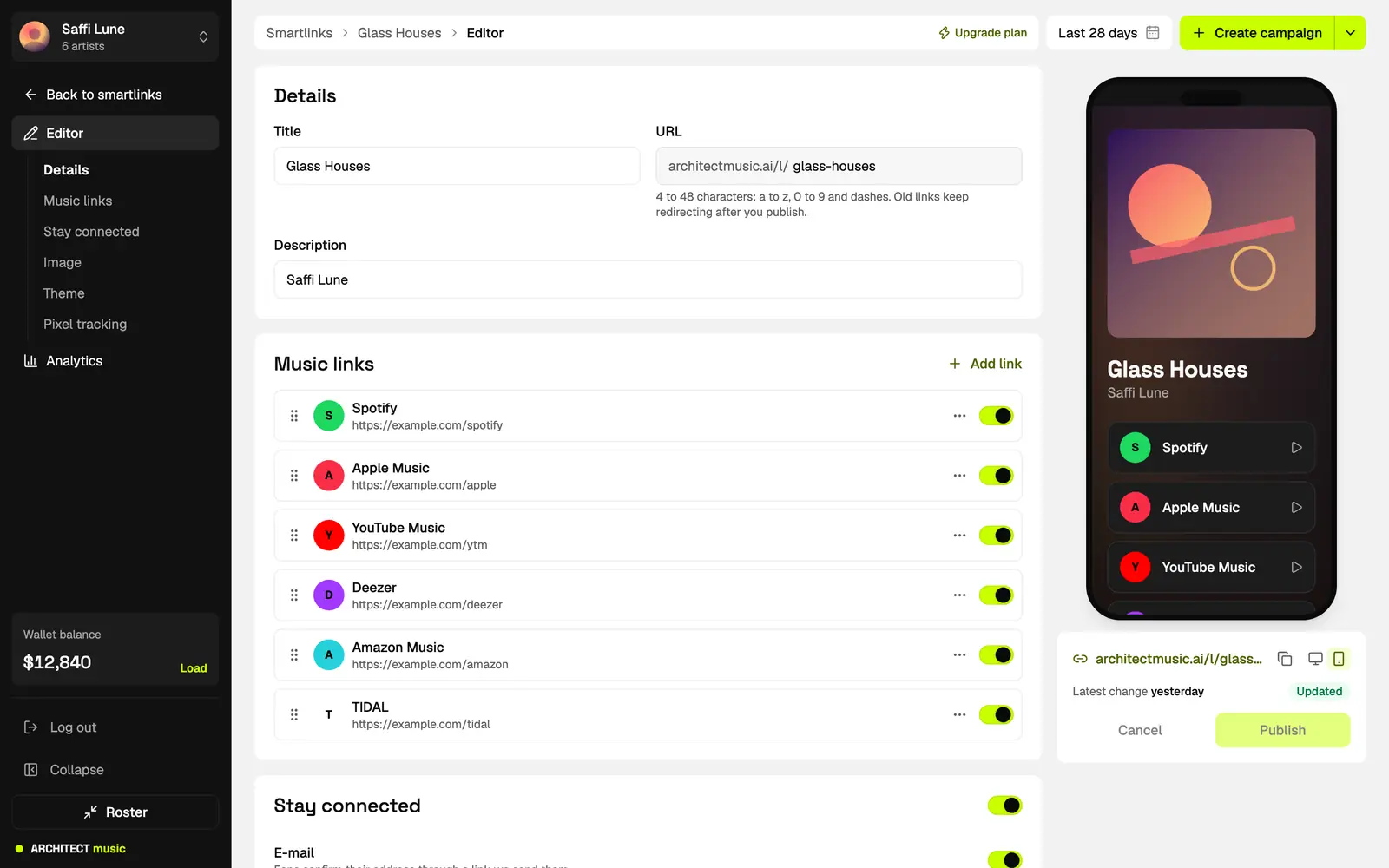 Smartlink editor with music links and a live phone preview of the release page