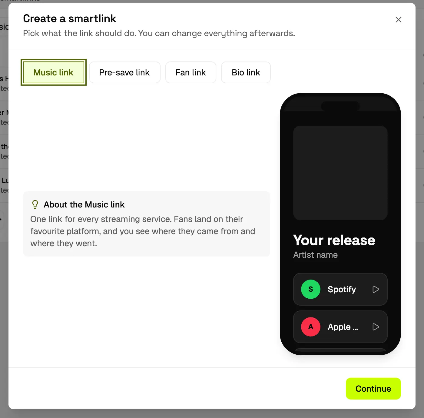 Create-a-smartlink dialog with Music link, Pre-save link, Fan link and Bio link