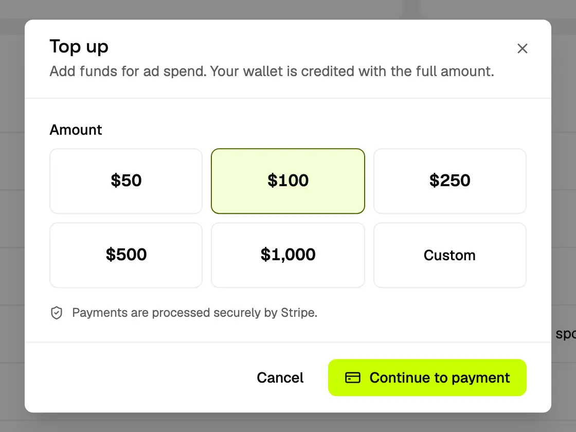 Wallet top-up dialog with preset amounts from $50 to $1,000