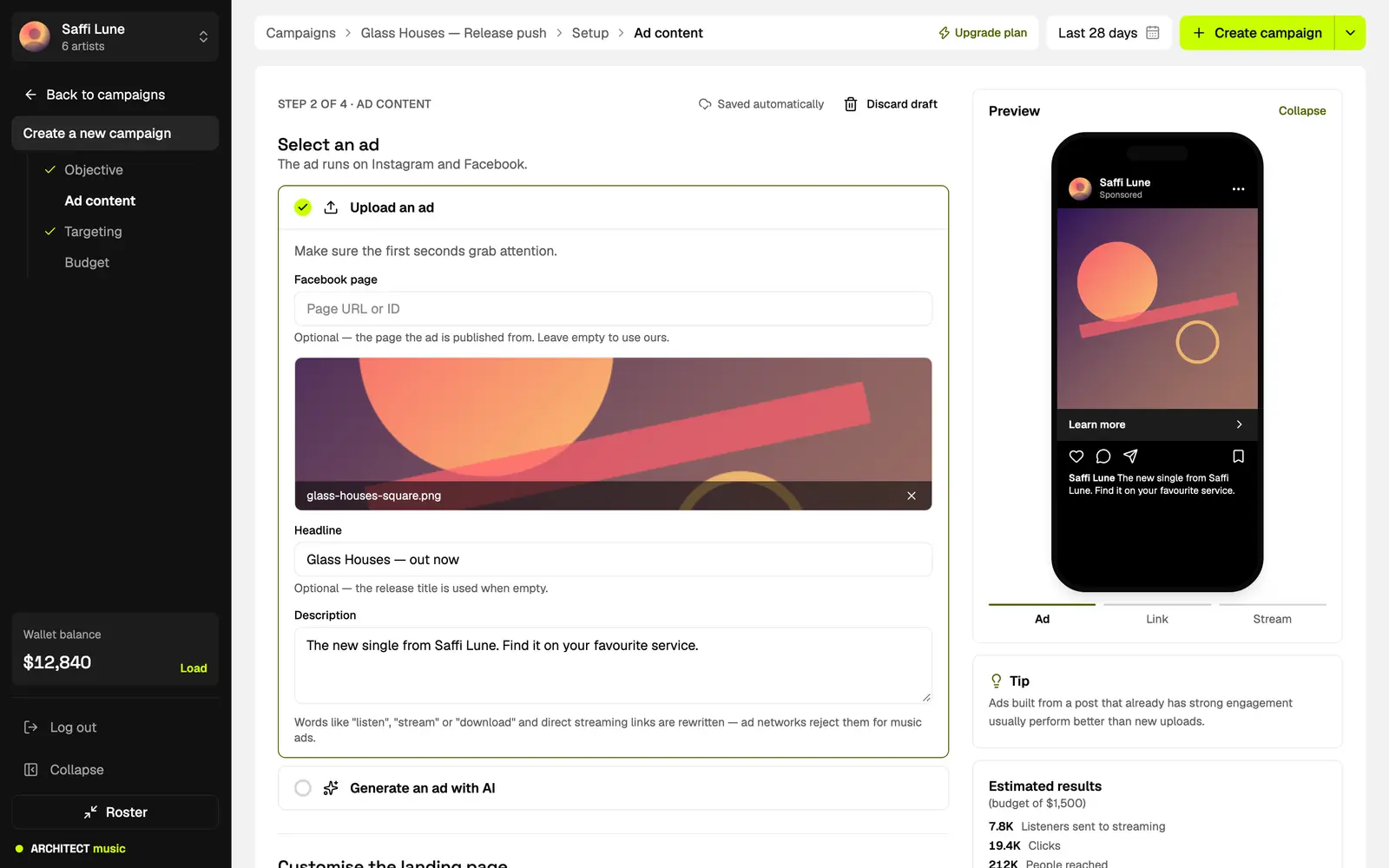 Campaign wizard on the ad content step with a Meta feed ad in the phone preview